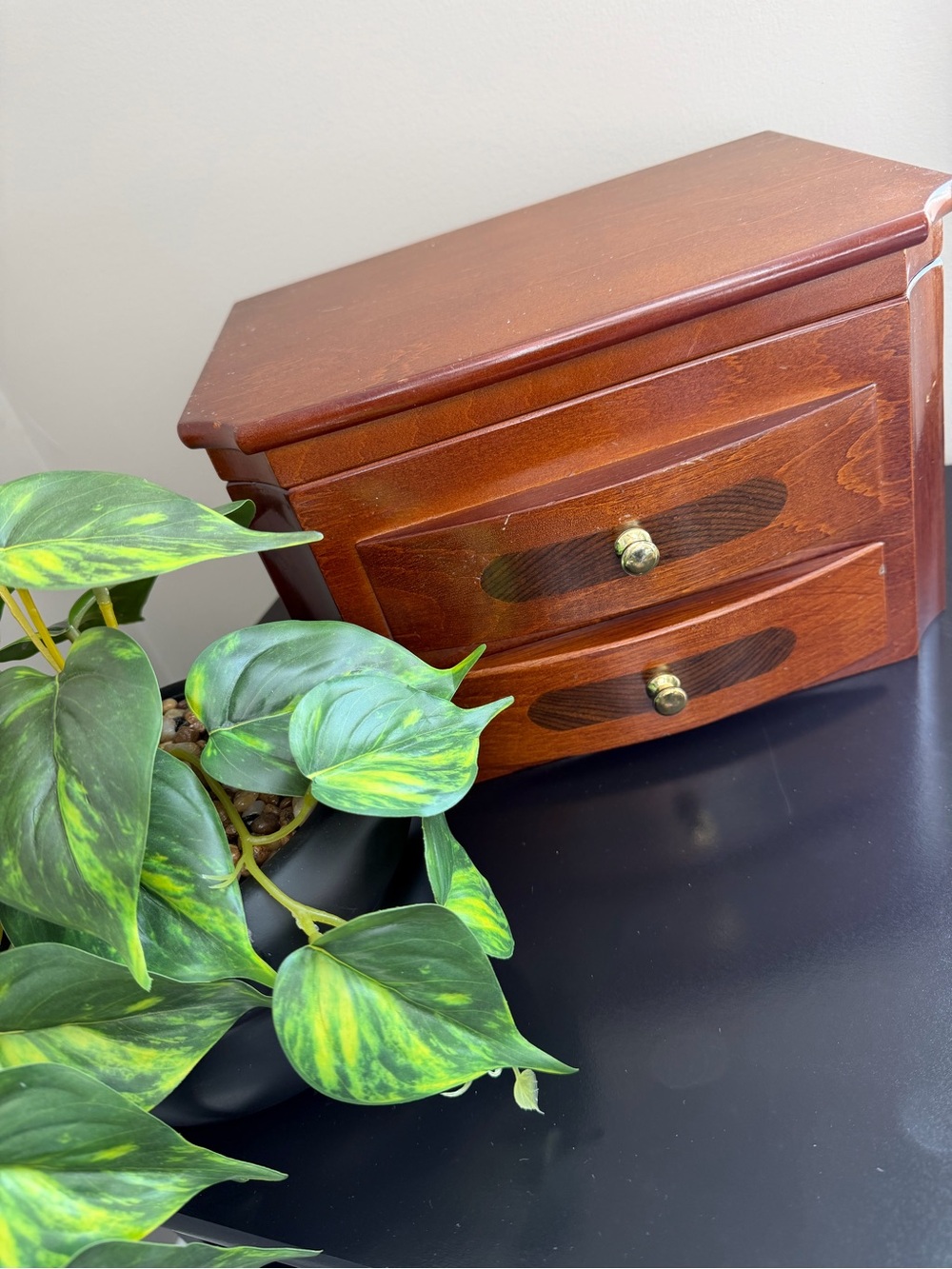 Vintage Wooden Jewelry Box with Brass Knobs - Warm Brown